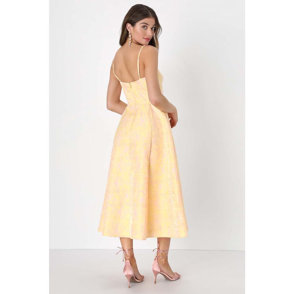 NWT Lulus Meet for Tea Yellow Jacquard Bustier Midi Dress With Pockets Wedding M - Picture 3 of 9